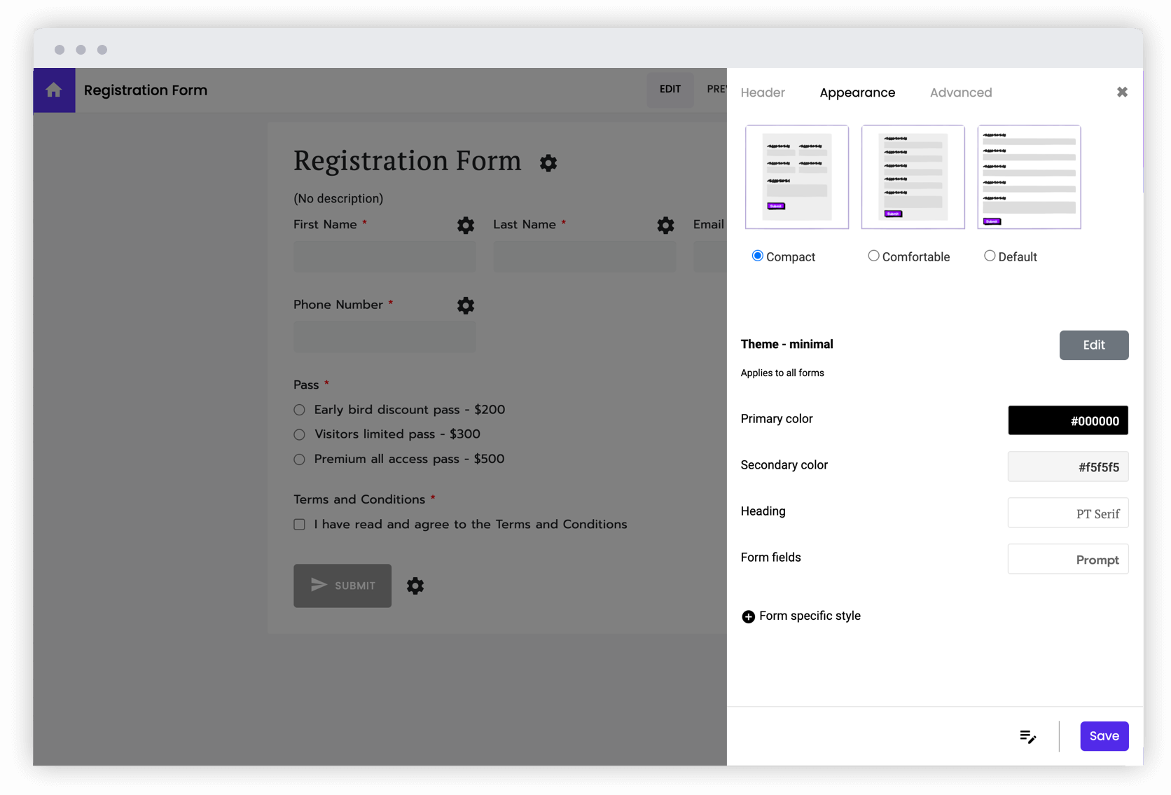 Design a professional looking form by customizing the layout, colors, fonts