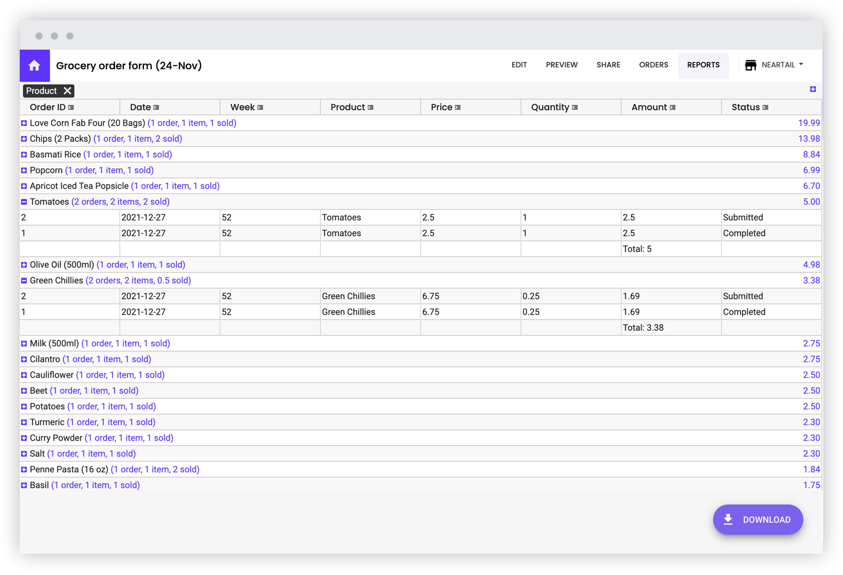 Generate reports to view sales, orders and quantity sold by product, customer, location, week & more