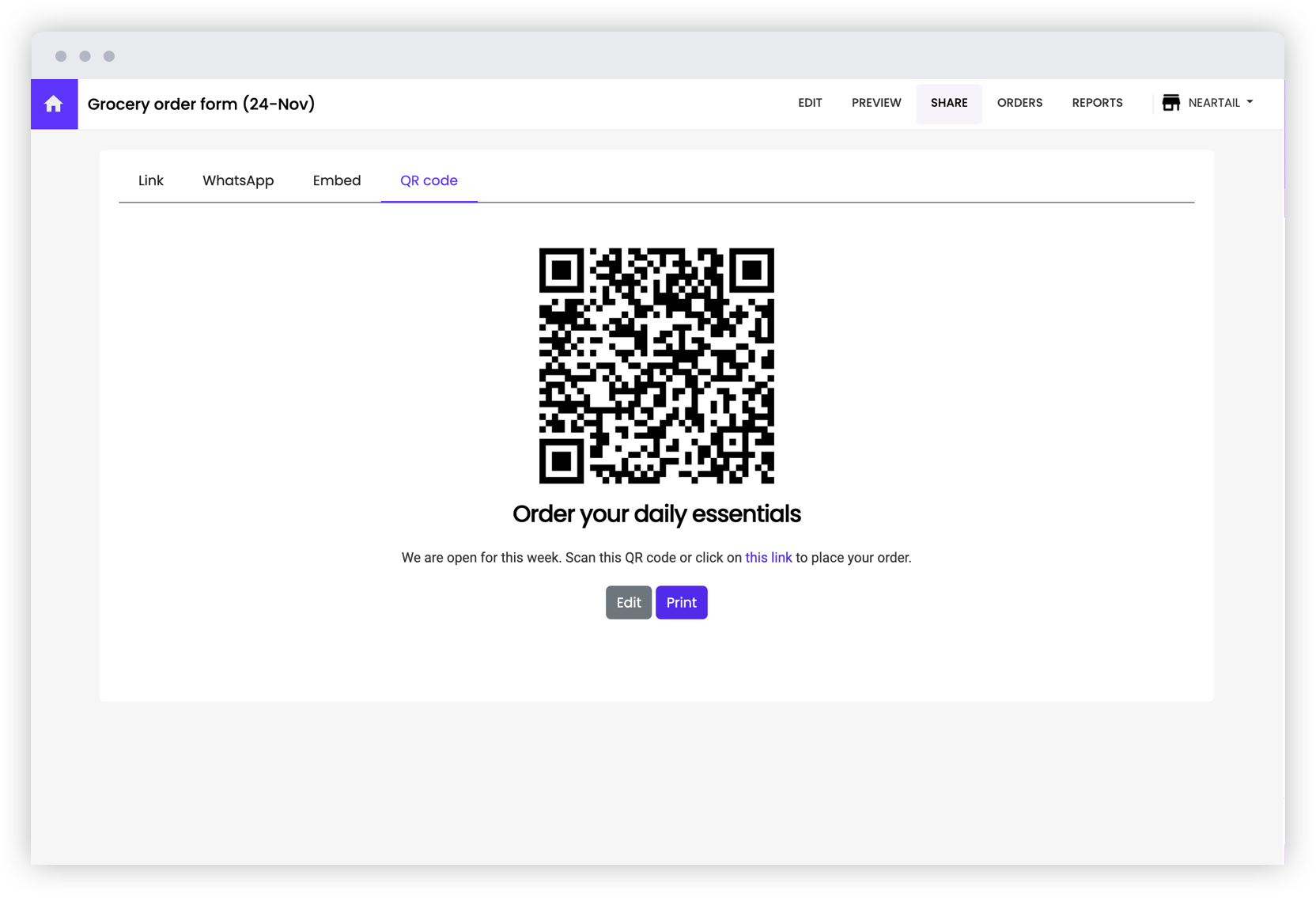 Display the QR code in your store and allow users to easily access the order form on their mobile