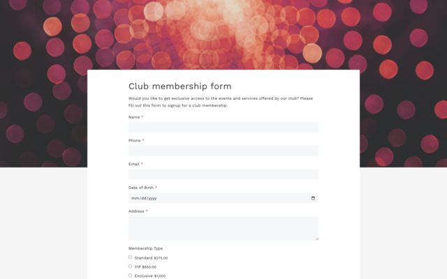 Club membership form template for Google Forms