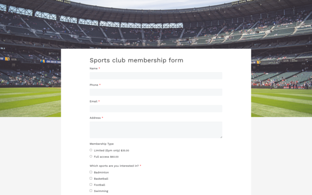 Sports club membership form