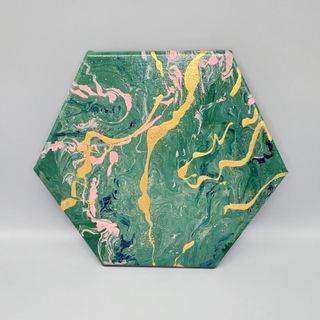 Green Peach and Gold Hexagon Pour Painting