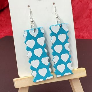 Waved Edge White Hearts On Blue - Silver Hooks