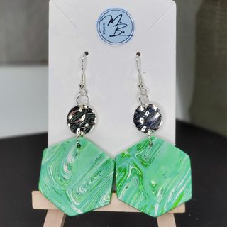 X - Hexagon Green Swirl Earrings with Charms - Silver Hooks