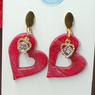 Sparkle Red With Cubic Zirconia Gold Heart Charm - Gold Posts