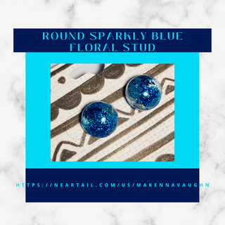 Round Blue Sparkly Floral Stud