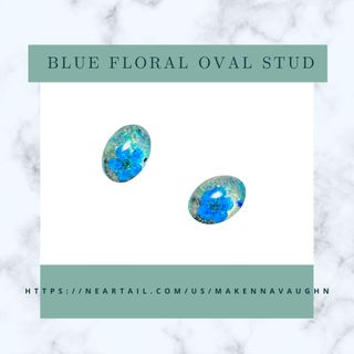 Blue Floral Oval Stud