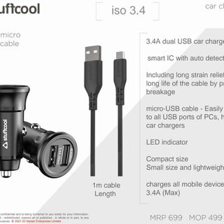 ISO Dual USB Car Charger 3.4 Amp with Type C Cable Kit Black